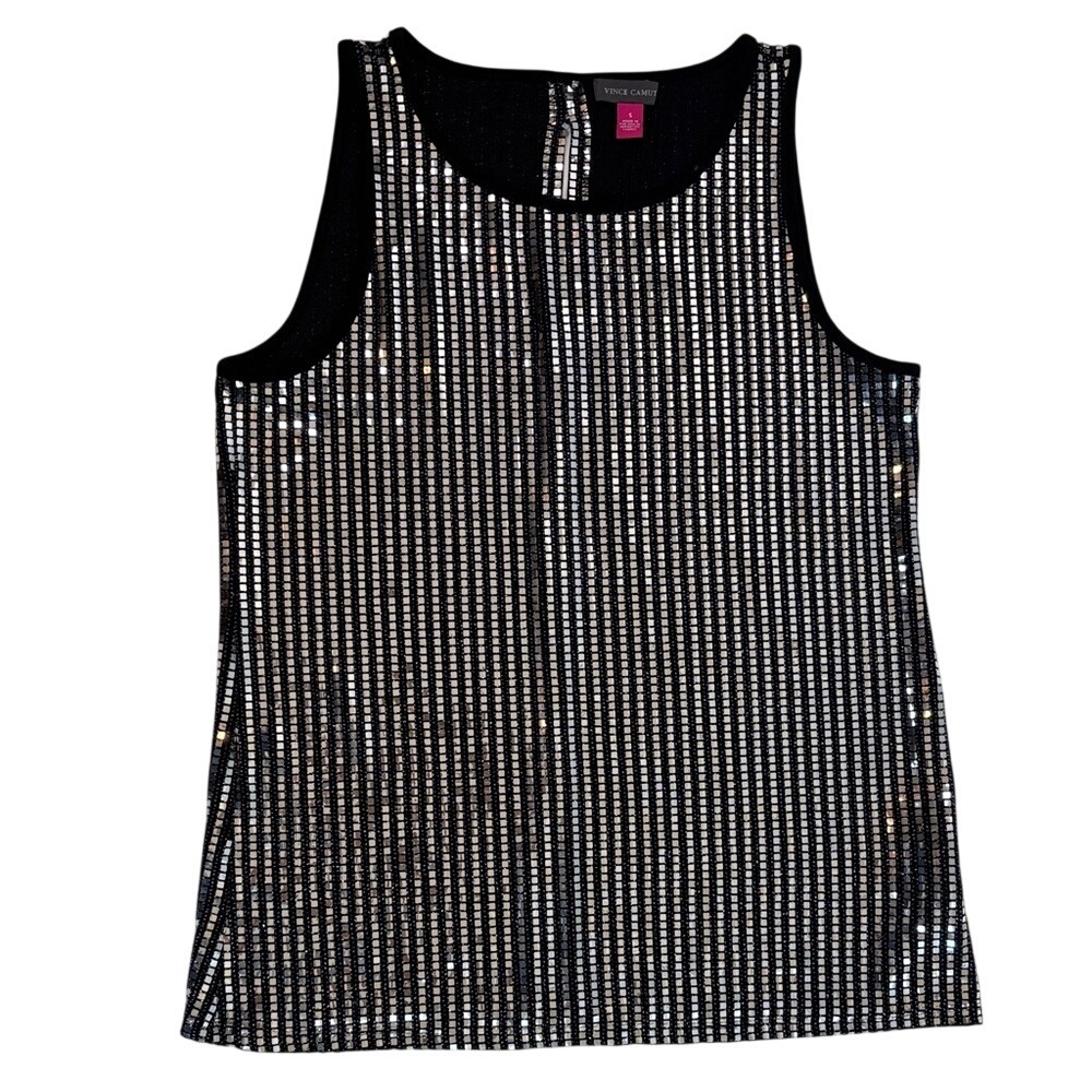 Vince Camuto Black Tank with Silver Sequin Stripes
